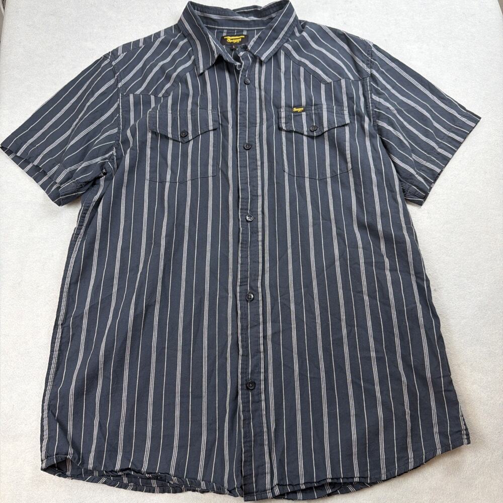 Seager Shirt Button Up Mens Large Striped Black White Short Slv Casual Western